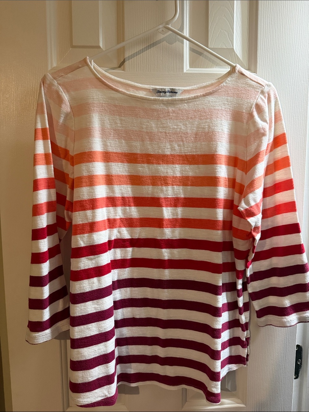 Tommy Bahama Women's Long Sleeve Striped Tee in White, Orange & Burgundy